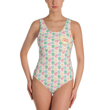 Load image into Gallery viewer, Valentine&#39;s Conversation Hearts One-Piece Swimsuit
